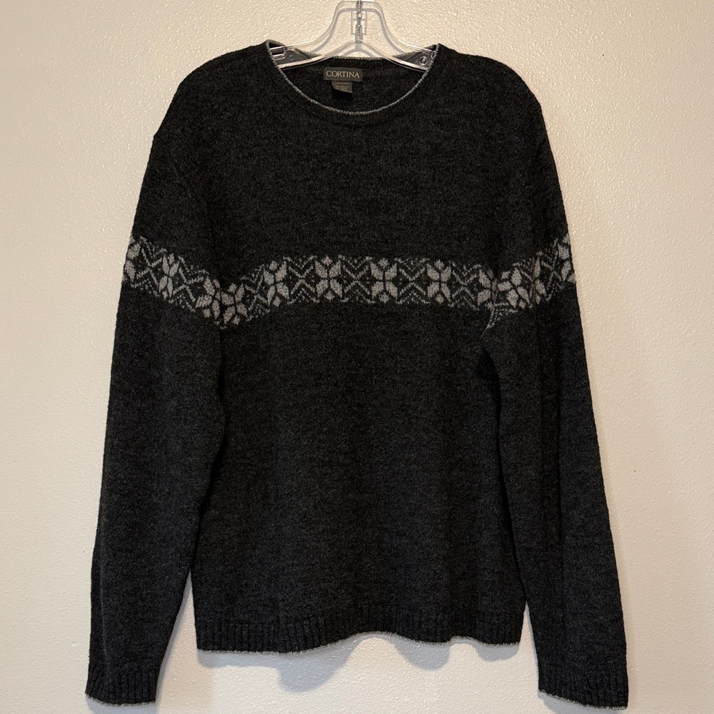Cortina Cozy Charcoal Crewneck Sweater with Gray Fair Isle Band